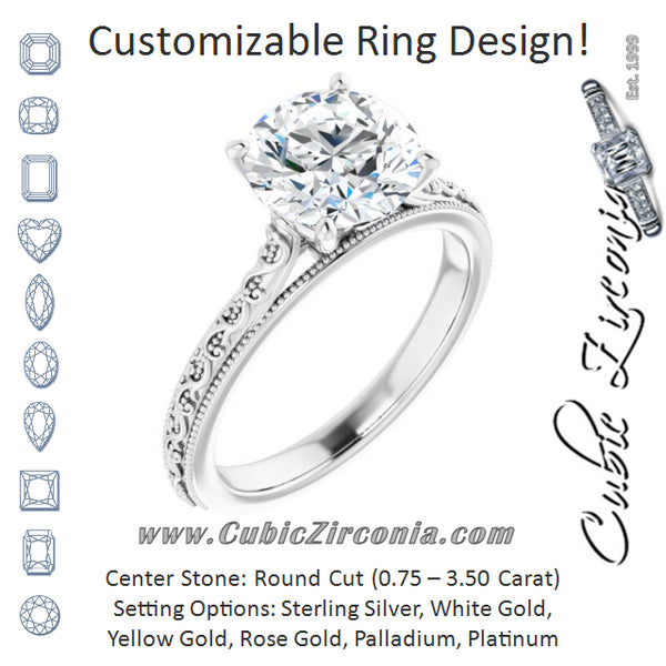 Cubic Zirconia Engagement Ring- The Conchita (Customizable Round Cut Solitaire with Delicate Milgrain Filigree Band)