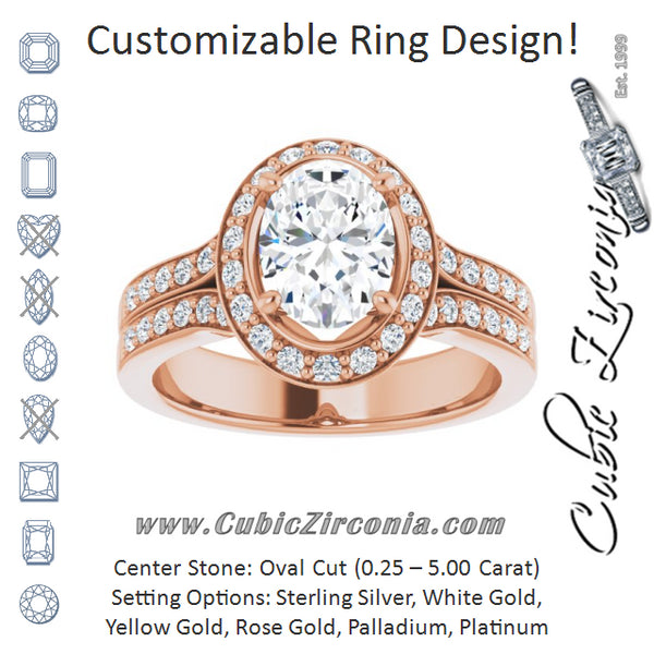 Cubic Zirconia Engagement Ring- The Ginny Lynn (Customizable Oval Cut Halo Style with Accented Split-Band)