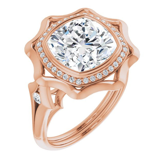 10K Rose Gold Customizable Bezel-set Cushion Cut with Halo & Oversized Floral Design