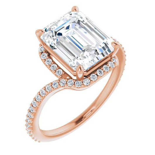 10K Rose Gold Customizable Artisan Emerald/Radiant Cut Design with Thin, Accented Bypass Band