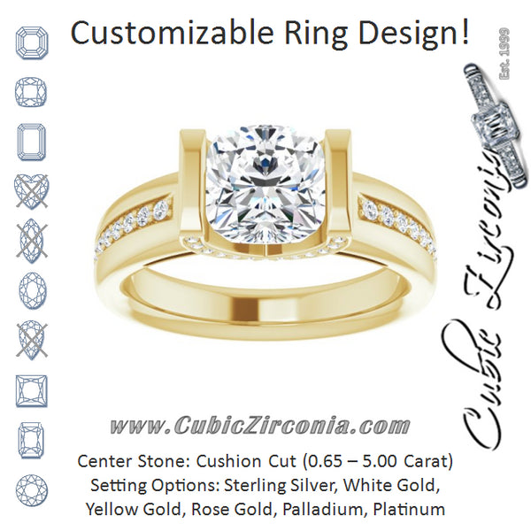 Cubic Zirconia Engagement Ring- The Maryana (Customizable Cathedral-Bar Cushion Cut Design featuring Shared Prong Band and Prong Accents)