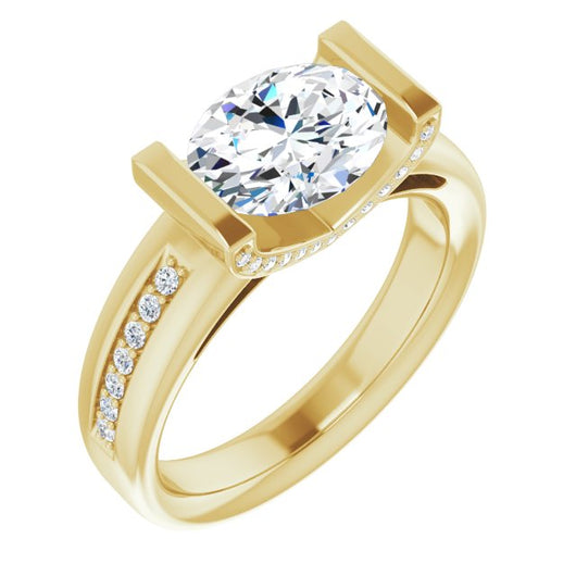 10K Yellow Gold Customizable Cathedral-Bar Oval Cut Design featuring Shared Prong Band and Prong Accents