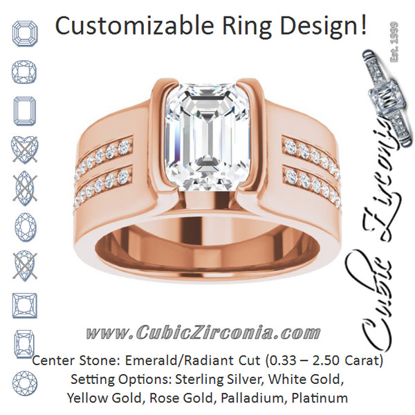 Cubic Zirconia Engagement Ring- The Jennifer (Customizable Bezel-set Emerald Cut Design with Thick Band featuring Double-Row Shared Prong Accents)