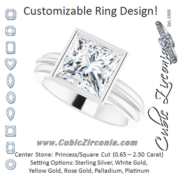 Cubic Zirconia Engagement Ring- The Aretha (Customizable Bezel-set Princess/Square Cut Solitaire with Grooved Band)