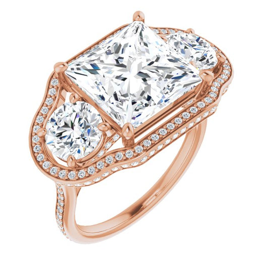 10K Rose Gold Customizable 3-stone Princess/Square Cut Design with Multi-Halo Enhancement and 150+-stone Pavé Band