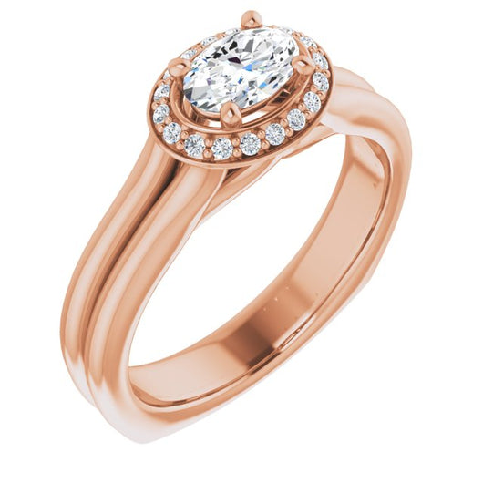 10K Rose Gold Customizable Oval Cut Style with Halo, Wide Split Band and Euro Shank