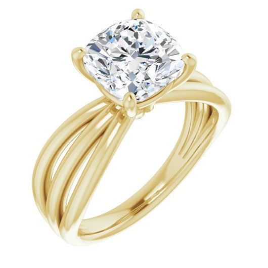 10K Yellow Gold Customizable Cushion Cut Solitaire Design with Wide, Ribboned Split-band