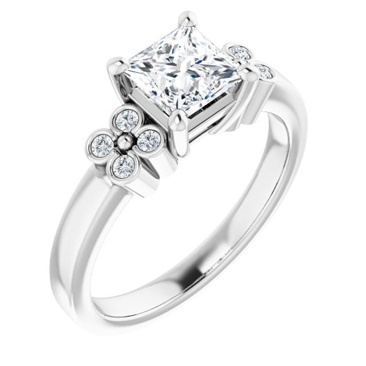 10K White Gold Customizable 9-stone Design with Princess/Square Cut Center and Complementary Quad Bezel-Accent Sets