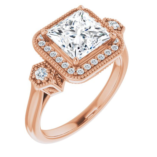 10K Rose Gold Customizable Cathedral Princess/Square Cut Design with Halo and Delicate Milgrain