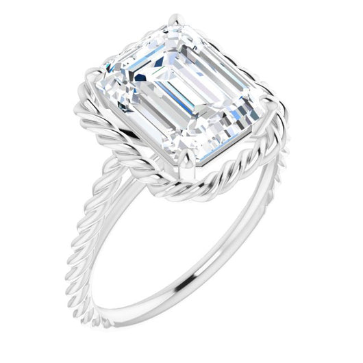 10K White Gold Customizable Cathedral-set Emerald/Radiant Cut Solitaire with Thin Rope-Twist Band