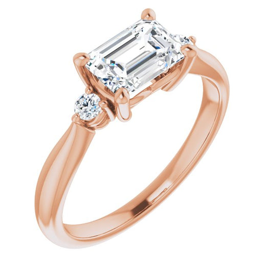 10K Rose Gold Customizable 3-stone Emerald/Radiant Cut Design with Twin Petite Round Accents