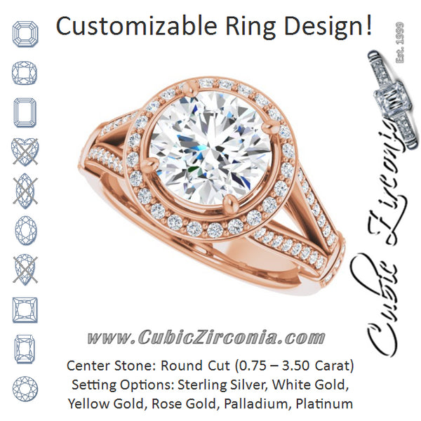 Cubic Zirconia Engagement Ring- The Cecelia (Customizable Round Cut Setting with Halo, Under-Halo Trellis Accents and Accented Split Band)