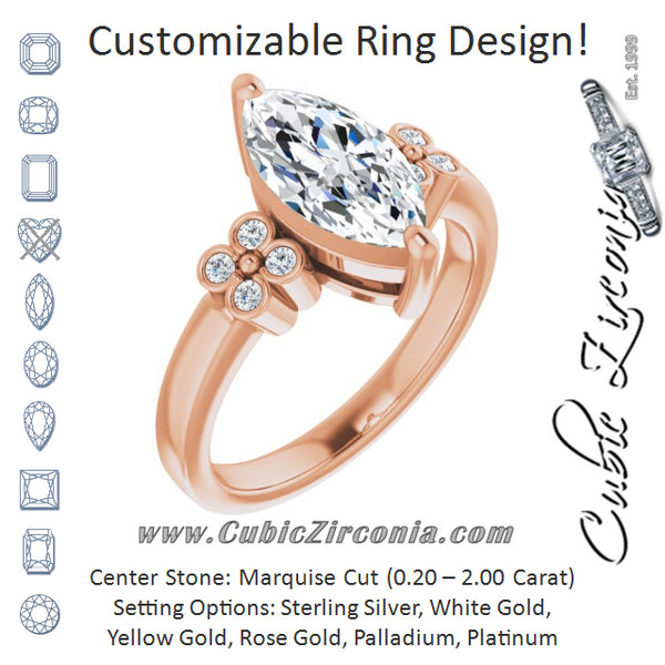 Cubic Zirconia Engagement Ring- The Heidi Grethe (Customizable 9-stone Design with Marquise Cut Center and Complementary Quad Bezel-Accent Sets)