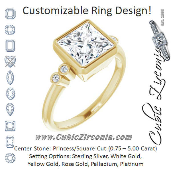 Cubic Zirconia Engagement Ring- The Mandira (Customizable 5-stone Bezel-set Princess/Square Cut Design with Quad Round-Bezel Side Stones)