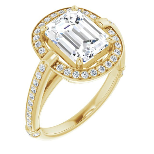 10K Yellow Gold Customizable High-Cathedral Emerald/Radiant Cut Design with Halo and Shared Prong Band