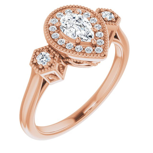 10K Rose Gold Customizable Cathedral Pear Cut Design with Halo and Delicate Milgrain