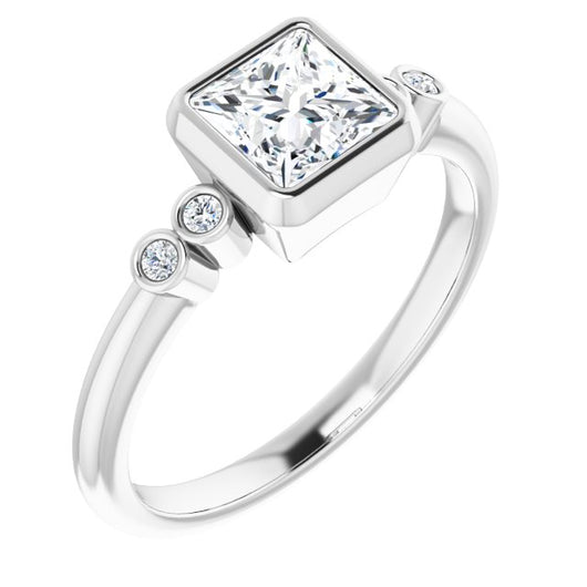 10K White Gold Customizable 5-stone Bezel-set Princess/Square Cut Design with Quad Round-Bezel Side Stones