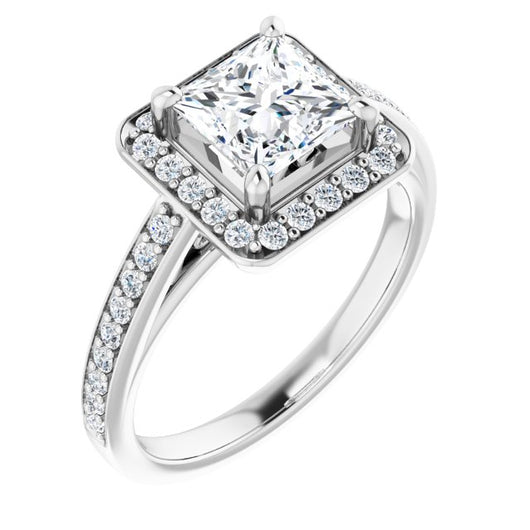 10K White Gold Customizable Princess/Square Cut Style with Halo and Sculptural Trellis