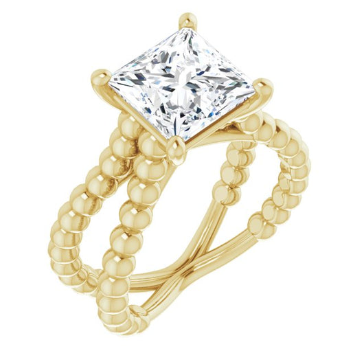 10K Yellow Gold Customizable Princess/Square Cut Solitaire with Wide Beaded Split-Band