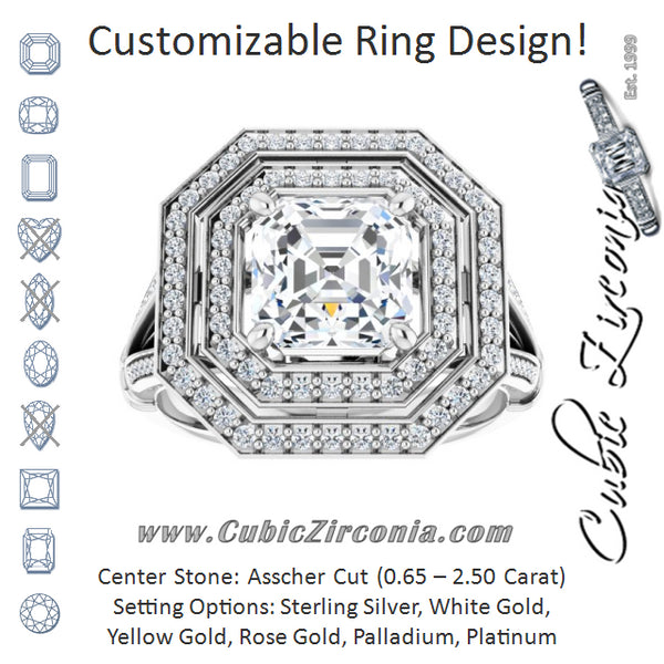 Cubic Zirconia Engagement Ring- The Chaunte (Customizable Cathedral-set Asscher Cut Design with Double Halo, Wide Split-Shared Prong Band and Side Knuckle Accents)