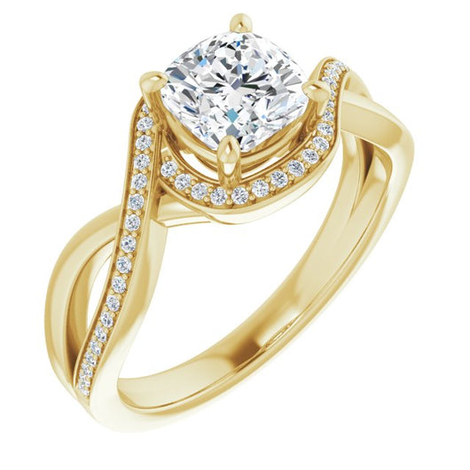 10K Yellow Gold Customizable Bypass-Halo-Accented Cushion Cut Center with Twisting Split Shared Prong Band