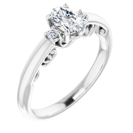 10K White Gold Customizable Oval Cut 3-stone Style featuring Heart-Motif Band Enhancement