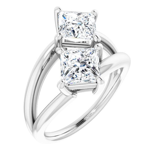 10K White Gold Customizable Two Stone Double Princess/Square Cut Design with Split Bypass Band