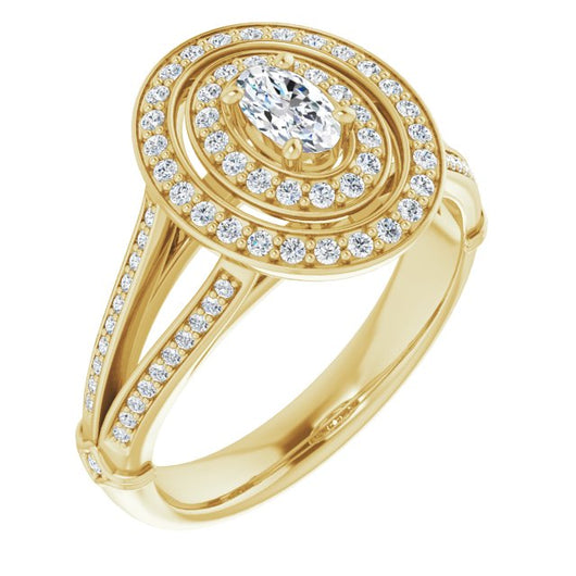 10K Yellow Gold Customizable Cathedral-set Oval Cut Design with Double Halo, Wide Split-Shared Prong Band and Side Knuckle Accents