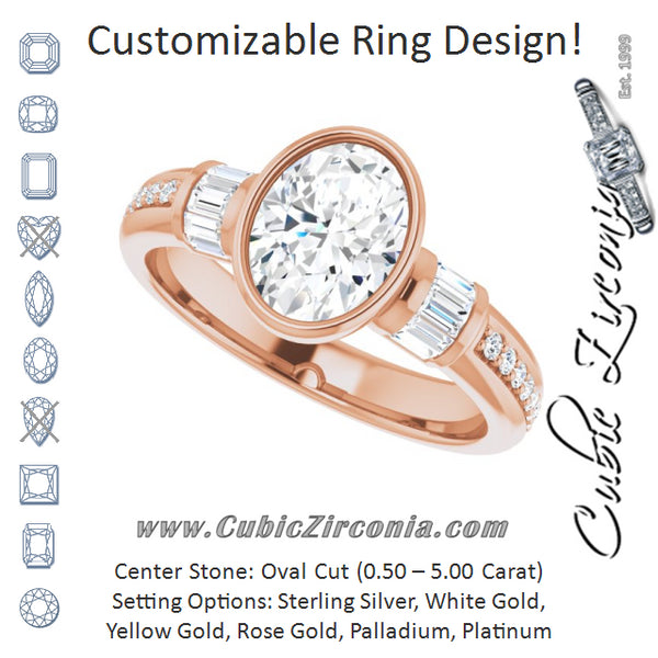 Cubic Zirconia Engagement Ring- The Danna (Customizable Cathedral-Bezel Oval Cut Style with Horizontal Baguettes & Shared Prong Band)