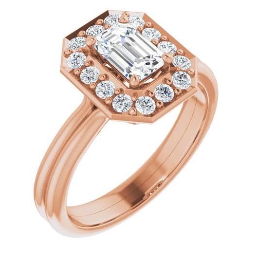 10K Rose Gold Customizable Cluster-Halo Accented Emerald/Radiant Cut Style with Tapered Dual Band