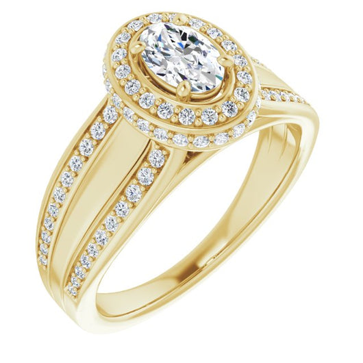 10K Yellow Gold Customizable Halo-style Oval Cut with Under-halo & Ultra-wide Band