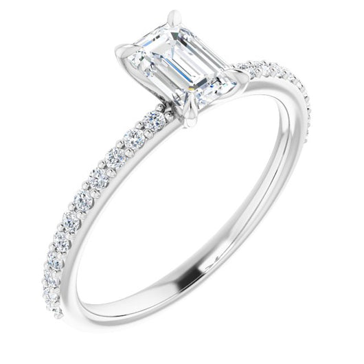 10K White Gold Customizable Emerald/Radiant Cut Style with Delicate Pavé Band