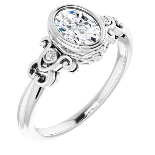 10K White Gold Customizable 5-stone Design with Oval Cut Center and Quad Round-Bezel Accents