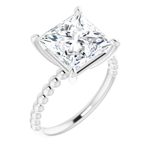 10K White Gold Customizable [[Cut] Cut Solitaire with Thin Beaded-Bubble Band