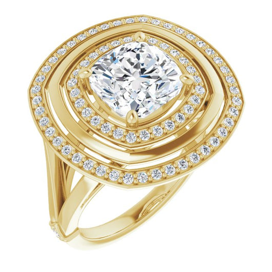 10K Yellow Gold Customizable Cushion Cut Oversized 2x Halo Style with Knuckle Accented Split Band