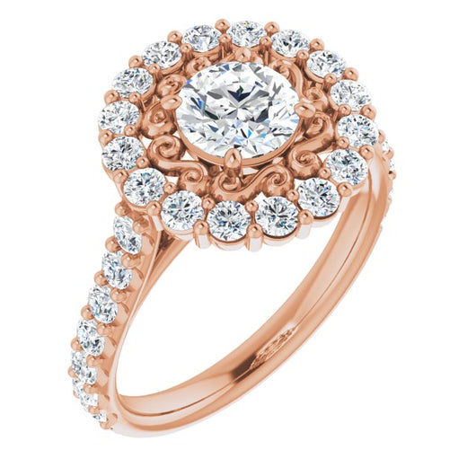 10K Rose Gold Customizable Round Cut Cathedral Style with Oversized Halo