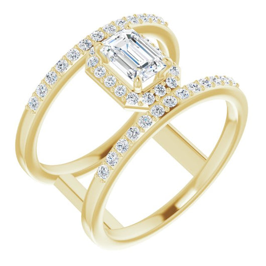 10K Yellow Gold Customizable Emerald/Radiant Cut Halo Design with Open, Ultrawide Harness Double Pavé Band