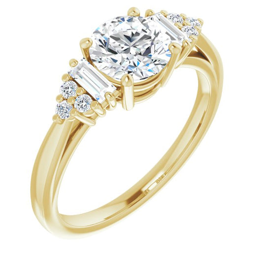 14K Yellow Gold Customizable 9-stone Design with Round Cut Center, Side Baguettes and Tri-Cluster Round Accents