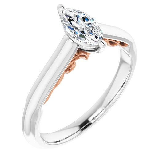 14K White & Rose Gold Customizable Marquise Cut Cathedral Solitaire with Two-Tone Option Decorative Trellis 'Down Under'