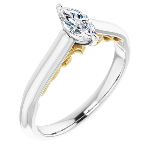 14K White & Yellow Gold Customizable Marquise Cut Cathedral Solitaire with Two-Tone Option Decorative Trellis 'Down Under'