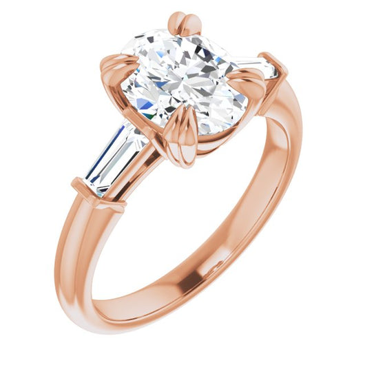 10K Rose Gold Customizable 3-stone Oval Cut Design with Tapered Baguettes