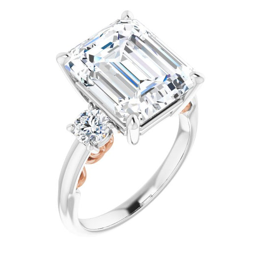 14K White & Rose Gold Customizable Emerald/Radiant Cut 3-stone Style featuring Heart-Motif Band Enhancement