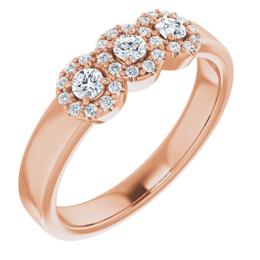 10K Rose Gold Customizable Round Cut Triple Halo 3-stone Design