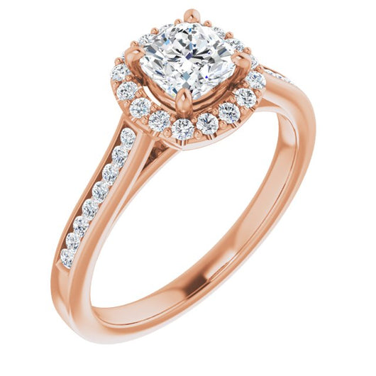 10K Rose Gold Customizable Cushion Cut Design with Halo, Round Channel Band and Floating Peekaboo Accents