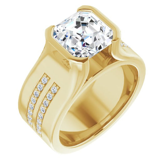 10K Yellow Gold Customizable Bezel-set Asscher Cut Design with Thick Band featuring Double-Row Shared Prong Accents