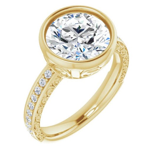 10K Yellow Gold Customizable Bezel-set Round Cut Design with Cloud-pattern Band & Semi-Eternity Accents