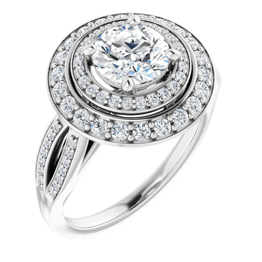 10K White Gold Customizable Cathedral-style Round Cut Design with Double Halo & Split-Pavé Band