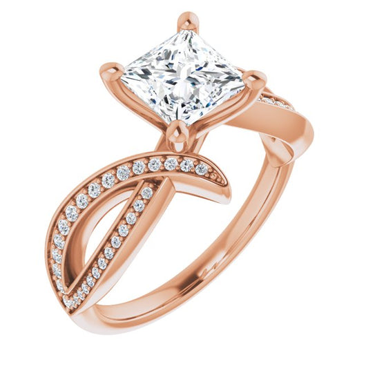 10K Rose Gold Customizable Princess/Square Cut Design with Swooping Pavé Bypass Band