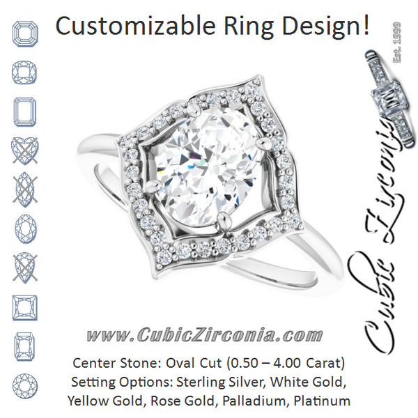 Cubic Zirconia Engagement Ring- The Casie Jean (Customizable Oval Cut Style with Artistic Equilateral Halo and Ultra-thin Band)