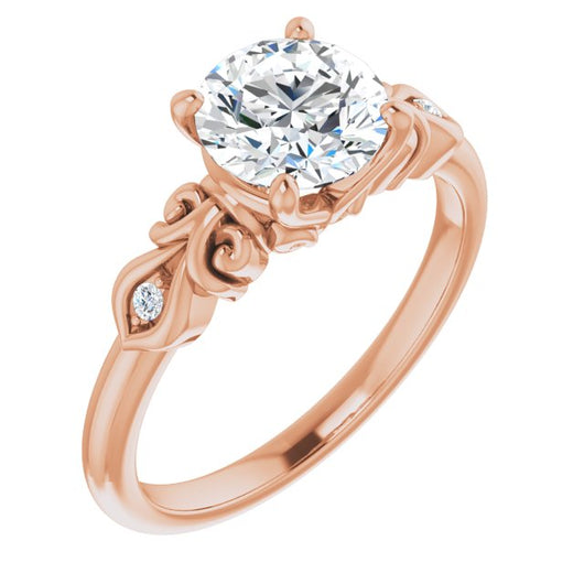 10K Rose Gold Customizable 3-stone Round Cut Design with Small Round Accents and Filigree